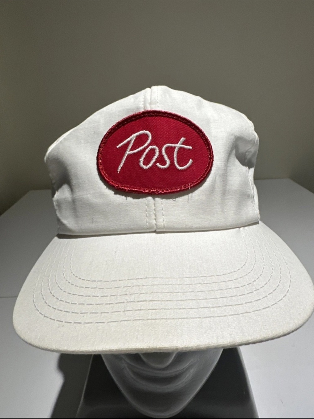 Post Logo White Cotton Baseball Cap with Red Patch